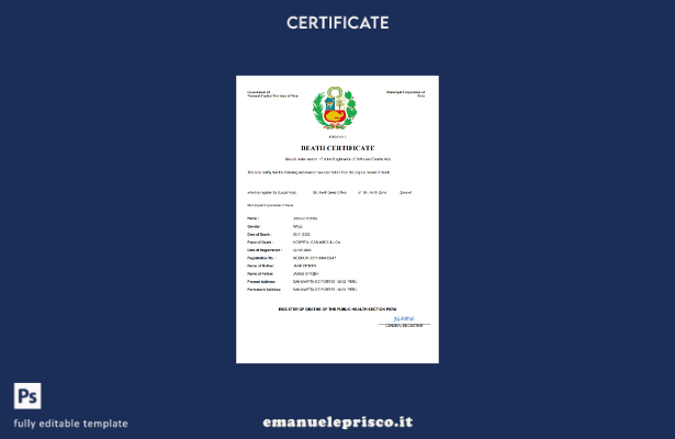 stile verificato Certificato di morte del documento di stato civile del Perù Mod